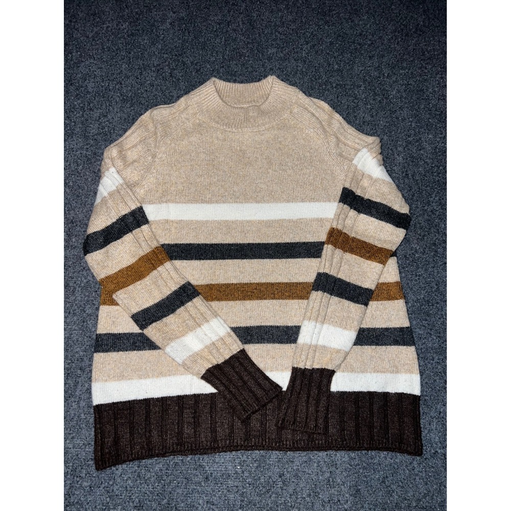 St Johns Bay Womens Large Striped Knit Sweater Beige Brown Long Sleeve Mock Neck